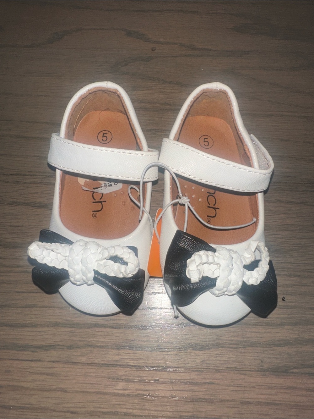 White Girls Mary Jane Dress Shoes with Black Bow Accent